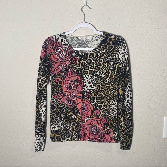 Boston Proper Animal Print Floral Jewled Button Front Cardigan Women's Size M - Picture 8 of 16